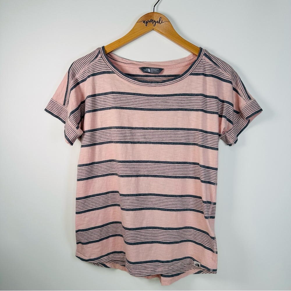 The North Face Women's Cotton Athletic Striped Short Sleeve Top Pink Gray Medium